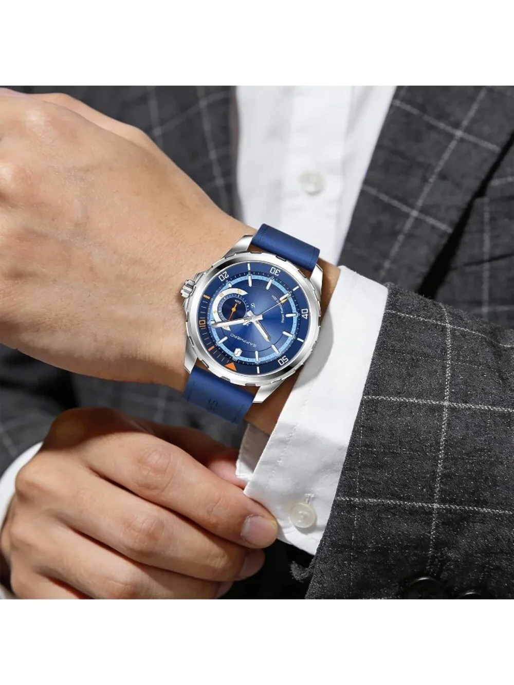 Men's Silver/Blue Numeral Dial Leather Strap Analog Quartz Elegant Wrist Watch